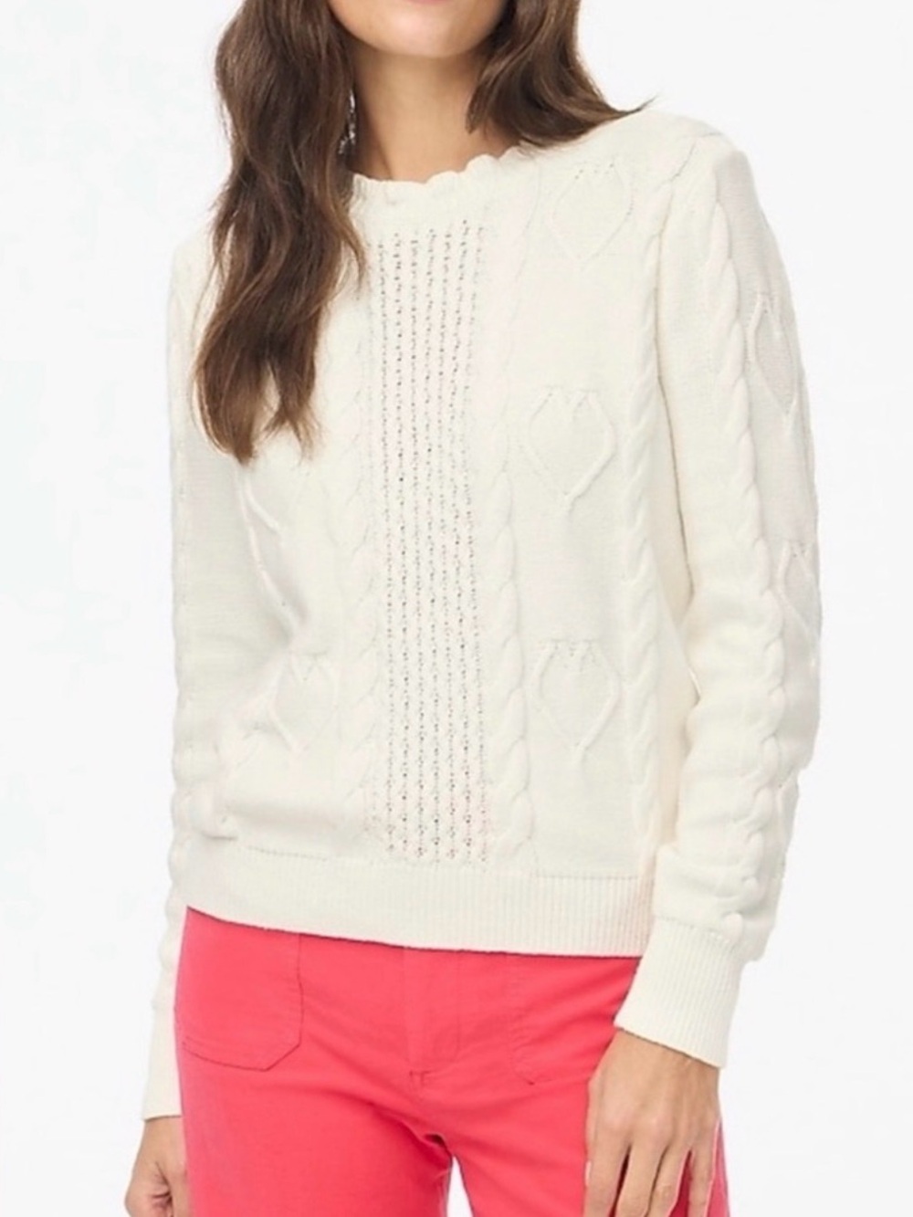 J. Crew Cable Knit Hearts Crewneck Sweater
